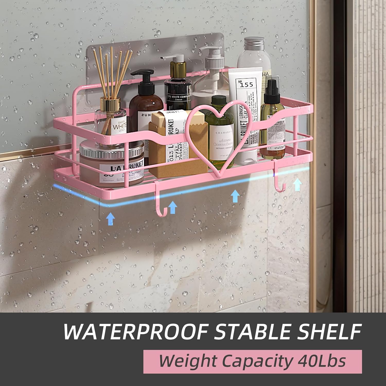 Skiennix Pink Shower Caddy - 4 Removable Hooks & No-Drill Adhesive Organizer | 2-Pack Shelves for Bathroom & Kitchen