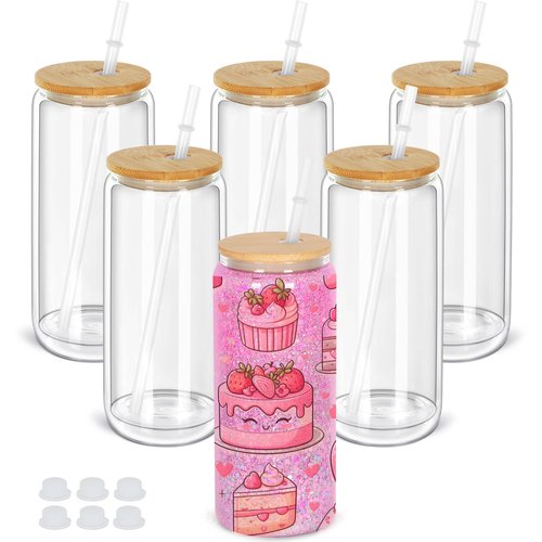 Maucircol 20 Oz Snow Globe Tumbler, 6 Pack Pre-Drilled Sublimation Glass Cup For Glitter Snow Globe Diy, Double Wall Sublimation Glass Tumbler
