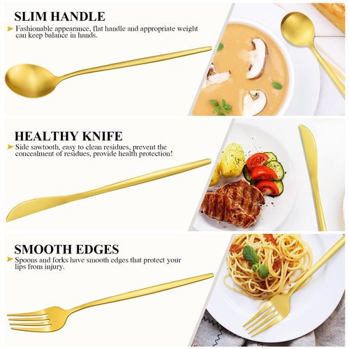 Gold Silverware Set for 12, Stainless Steel Flatware Set, 60-Pieces Cutlery Tableware set Include Spoons And Forks Set, Matte Gold Utensil Set, Stain Finish, Dishwasher Safe