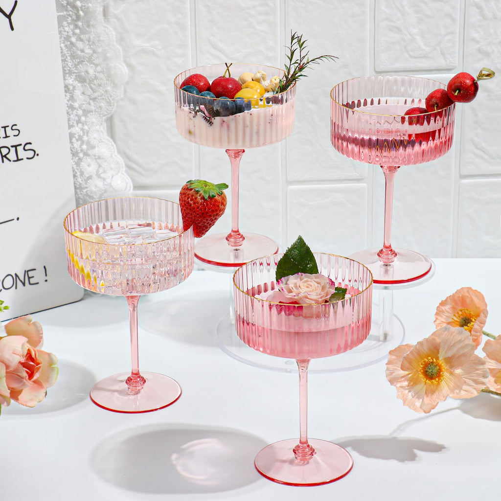 HKSZEH 12 PCS Ribbed Coupe Glasses Pink Plastic Champagne Coupe Cup 10oz Detachable Gold Rim Espresso Martini Glass Vintage Margarita Glassware Cocktail Glass for Wedding Bachelorette Party