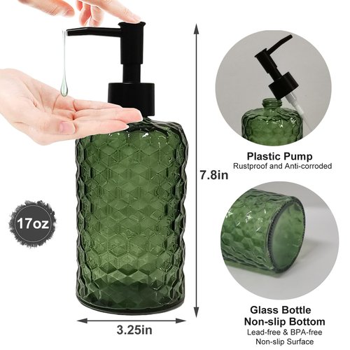 Green Glass Soap Dispenser with Plastic Pump, 17oz Liquid Hand Soap Dispenser for Kitchen & Bathroom, Great for Lotions, Essential Oil, Liquid Soaps