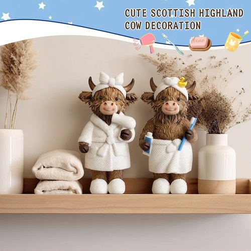 Burbell 2 Pcs Highland Cow Bathroom Figurine Bathroom Highland Cow Decor Gnomes Bath Decor Scottish Resin Statue Calf Lovers Gifts for Farmhouse Home Garden Kitchen Office Tiered Tray Table Decoration