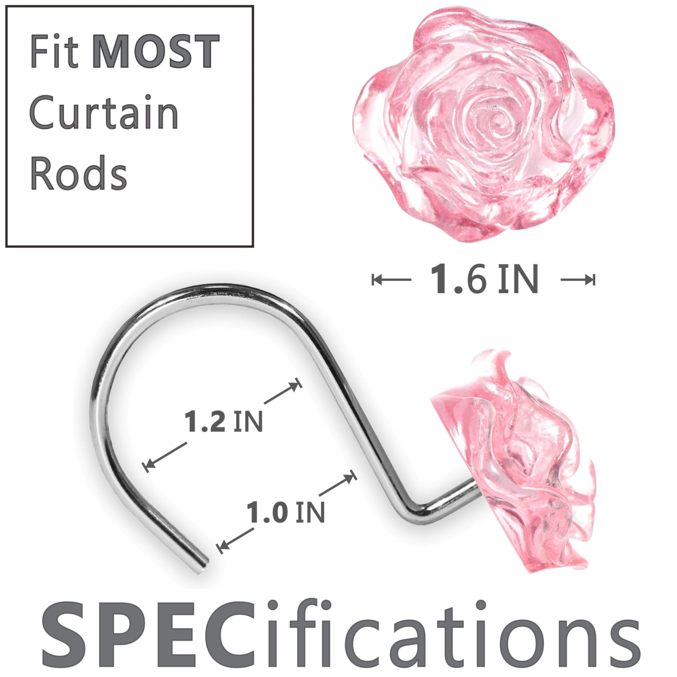Pink Flower Shower Curtain Hooks: 12 Pcs Blush Crystal Ice Textured Decorative Rings for Floral Rose Leaf Plant Spring Shower Curtain - Cute Rustproof Hangers for Girls Bathroom & Valentines Day Decor
