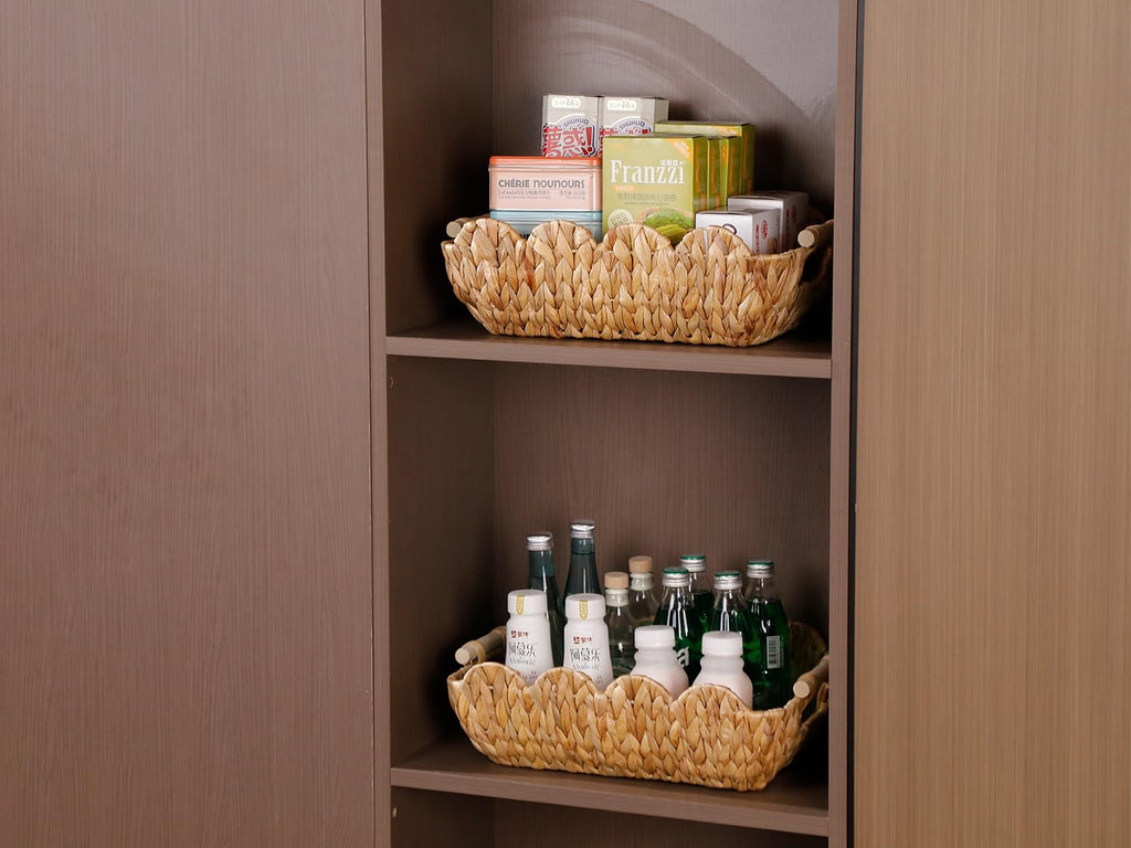 Coeusy Small Wicker Basket 2 Pack,Scalloped Basket for Organizing and Decor,Natural Water Hyacinth Storage Baskets with Wooden Handles for Gifts,Snack,Shelves