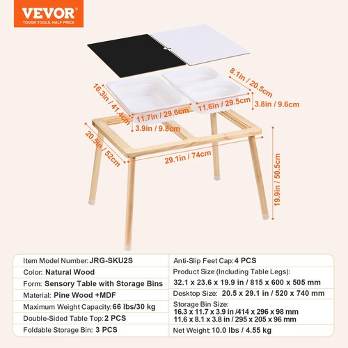 VEVOR Sensory Table for Toddlers, Kids Activity Table with 3 Foldable Storage Bins & Double-Sided Board, Indoor/Outdoor Play Sand and Water, Wooden Kids Sensory Table for Drawing Studying Dining