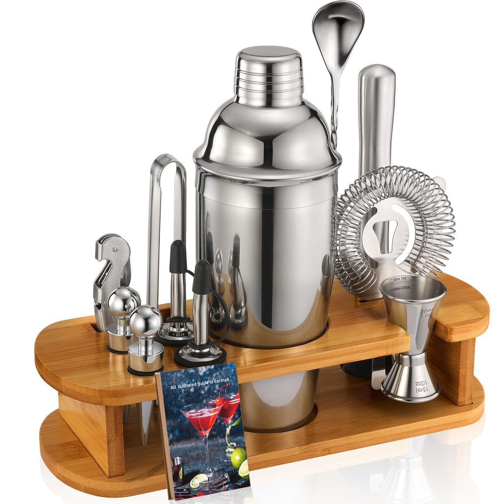 Cocktail Shaker Set Bartender Kit: 13-Pcs Bar Tools Set with Bamboo Stand, Essential Bar Accessories for Home: 25oz Martini Shaker, Jigger, Bar Spoon, Professional Cocktails Kit for Drink Mixing |Gift