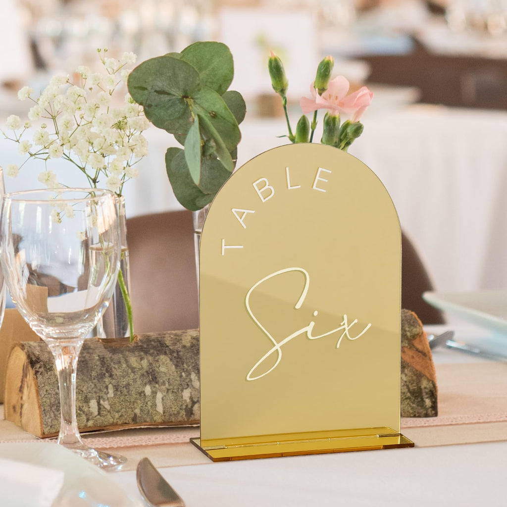 Gold Mirror Arch Wedding Table Numbers 1-20 with Stands, 5x7 Inch Acrylic Arch Sign with Holder, Gold Arch Acrylic Table Numbers for Wedding Reception(1-20, 5"x7")