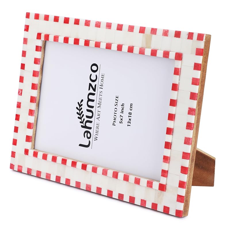 Bone-Inlay 5x7 Photo Frame with Red Checkered Pattern - Tabletop/Wall Decor, Handmade