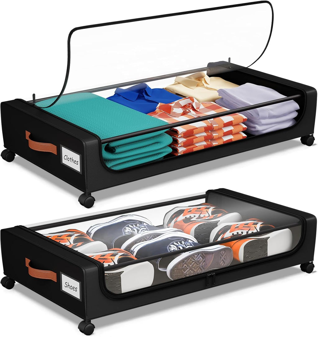 UnderBed Storage | XXL 60L Clear Lid Containers with Wheels - 2 Pack for Clothes, Shoes, Blankets (Black)