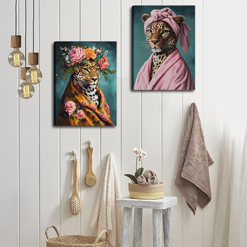 Leopard Wall Art Set by Funny Bathroom - Eclectic Bathrobe Decor | Aesthetic Canvas Prints 12x16