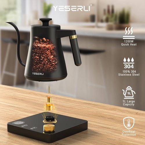 YESERLI 1200W Gooseneck Kettle with ±1℉ Temperature Control,Pour Over Electric Kettle for Coffee & Tea,Digital Display,4 Temp Preset,12H Keep Warm,100% Stainless Steel,Rapid Heating,1L,Matte Black