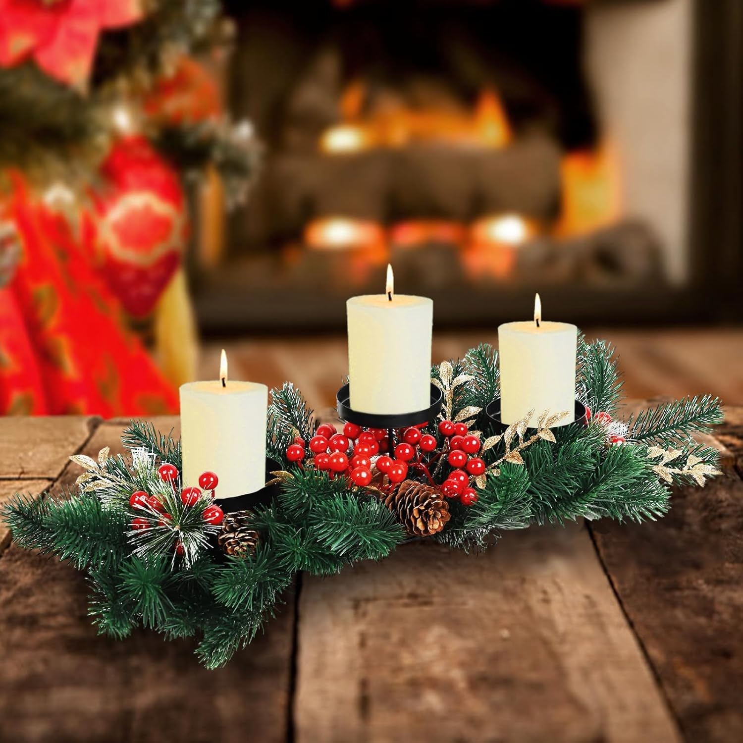 MorTime Christmas Centerpiece - 3 Candle Holders with Red Berries & Pine Cones | Indoor Holiday Decor
