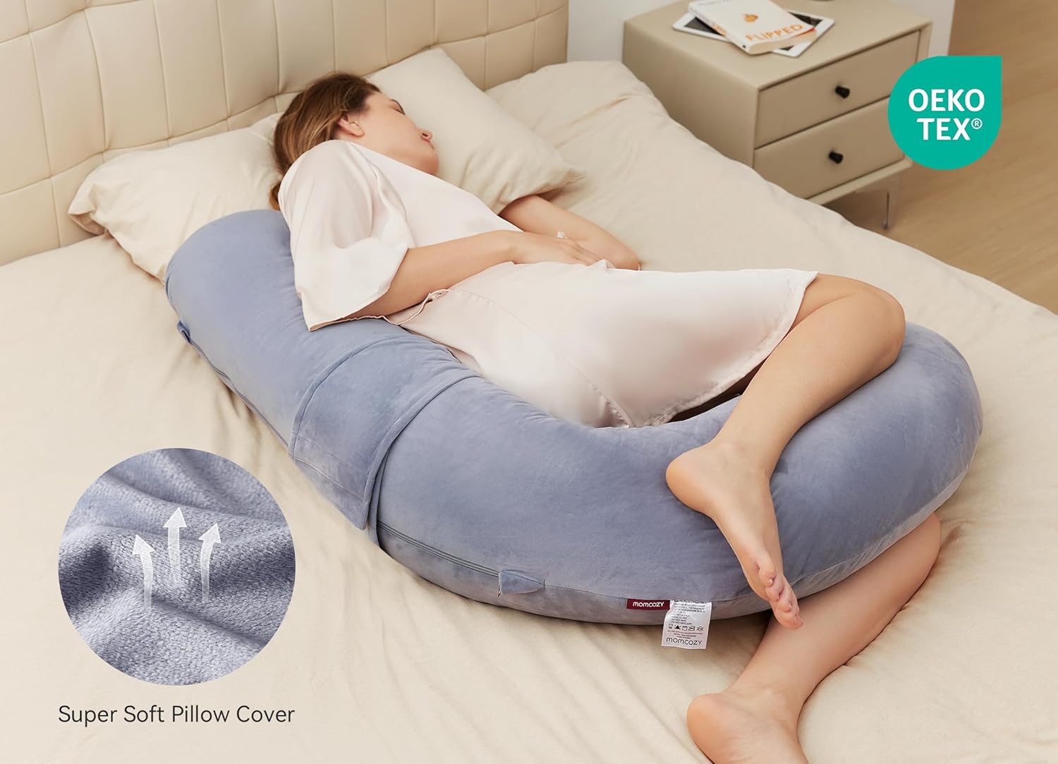 Momcozy Pregnancy Pillow - Original F Shaped Maternity Pillow with Adjustable Wedge - Full Body Support, Grey Velvet Cover