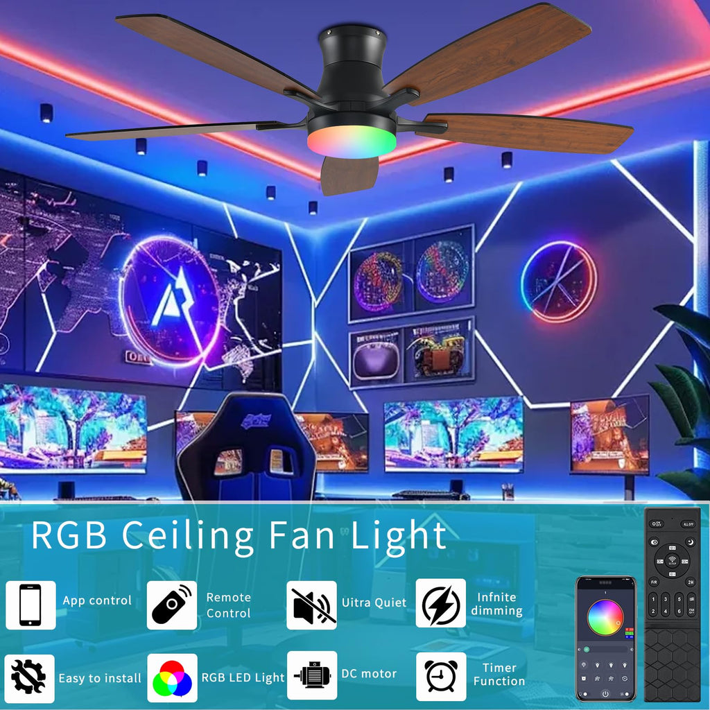 FUMLTP Ceiling fans with Lights, 54 In RGB Low Profile Indoor Ceiling fan with Light and Remote/App Control, Dimmable, Flush Mount, DC Reversible Motor, Noiseless Modern Ceiling Fan For Bedroom（Brown）