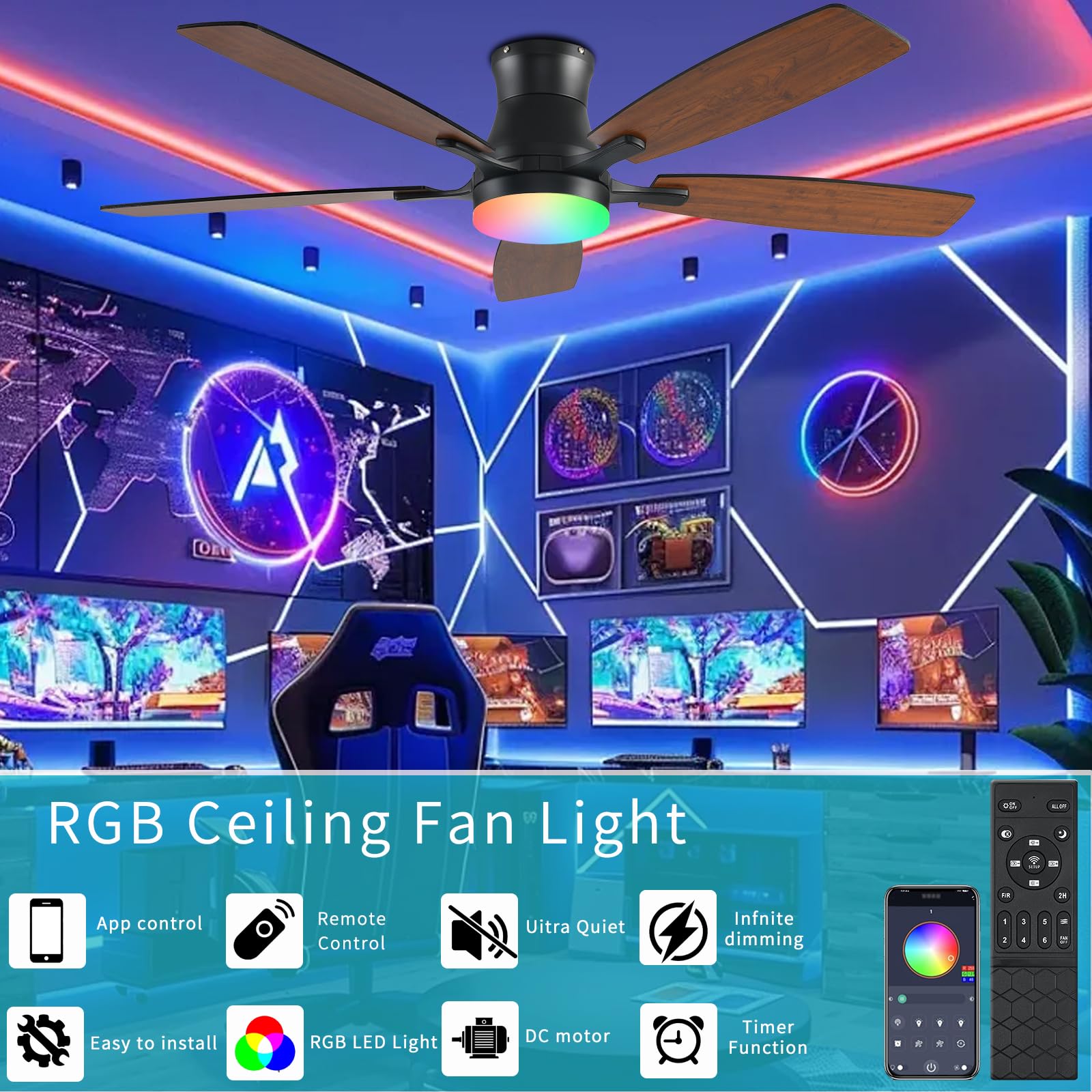 FUMLTP Ceiling fans with Lights, 54 In RGB Low Profile Indoor Ceiling fan with Light and Remote/App Control, Dimmable, Flush Mount, DC Reversible Motor, Noiseless Modern Ceiling Fan For Bedroom（Brown）