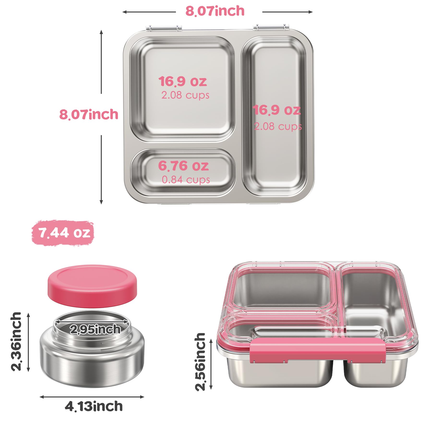 Pawtong Stainless Steel Bento Box Kids Adult with 7oz Insulated Food Jar, Transparent Lid Metal Lunch Box With Soup Thermal Jar, Lunch Box Container with Removable Divider & Sauce Cup School (Pink)