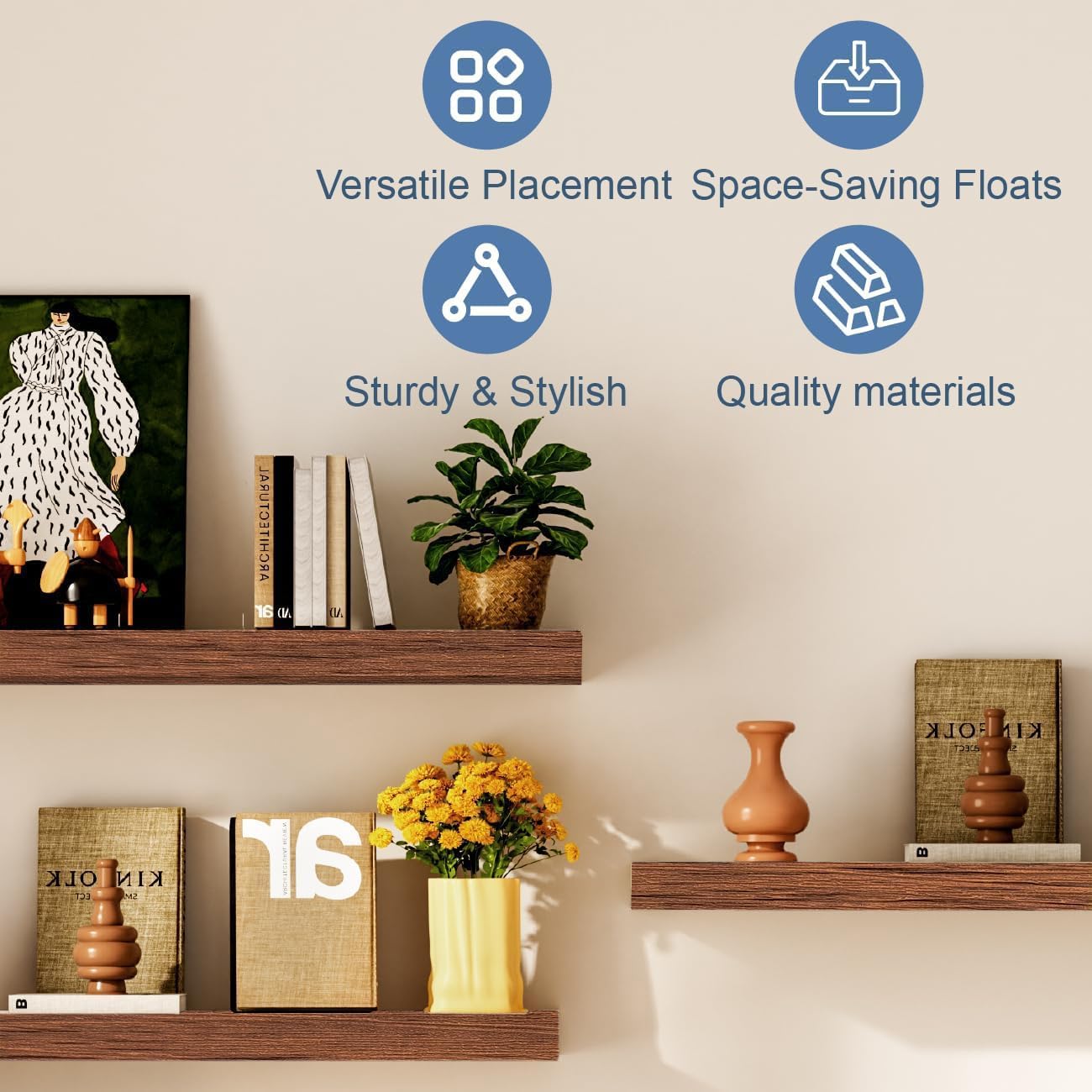 Modern Wooden Floating Shelves by [Brand Name] - Stylish Wall-Mounted Storage | Set of 2, 12x7x1.5 in (Walnut-Like)