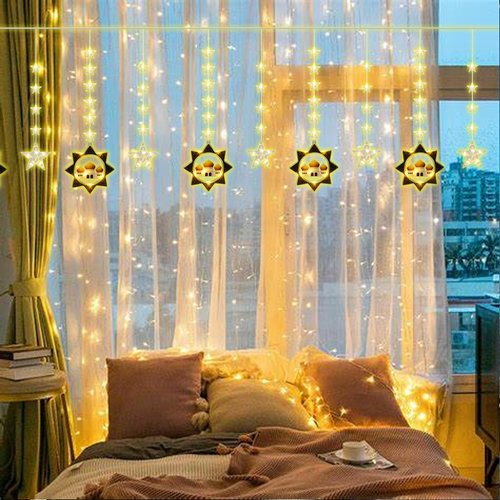 Vigdur Ramadan Star Curtain Lights, 120 LEDs Eid Mubark Castle Curtain Fairy Lights with Remote & 8 Lighting Modes, Ramadan Decoration Lights for Home Holiday Eid Decorations(10FT)