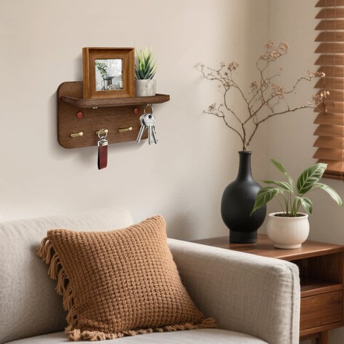 LEIRUOTM Key Holder Wall Mount, Solid Wood Key Holder for Wall with 4 Brass Hooks & Hidden Magnets, 15° Incline Hooks & Grooved Design to Prevent Slipping, Vintage Brown Key Hanger