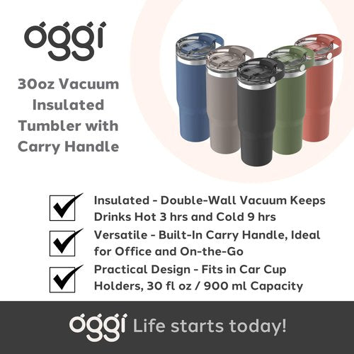 Oggi 30oz Vacuum Insulated Tumbler with Lid & Top Carry Handle – Stainless Steel Coffee Thermos, Travel Mug, Fits Cup Holders, Sweatproof, for Hot or Cold Drinks, Insulated Mug for Adults, Blue