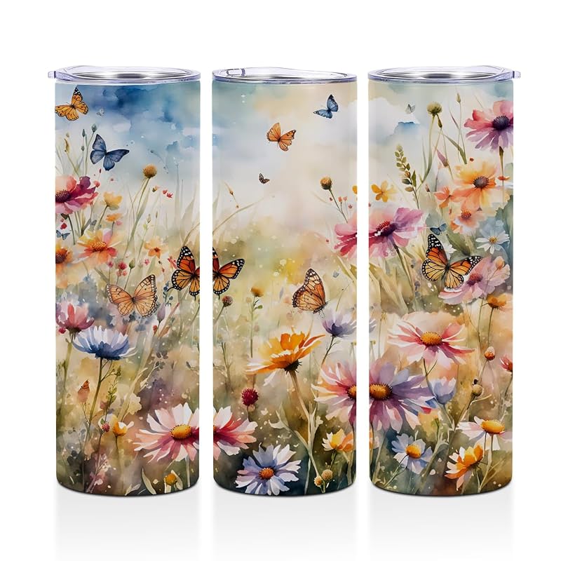 20 oz Skinny Tumbler Stainless Steel Slim Insulated Travel Cup with Lid - Butterfly Variation