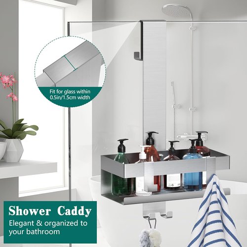 Emibele Over The Door Shower Caddy - Rustproof 304 Stainless Steel Organizer for Glass Doors | 23x10x10cm, Silver