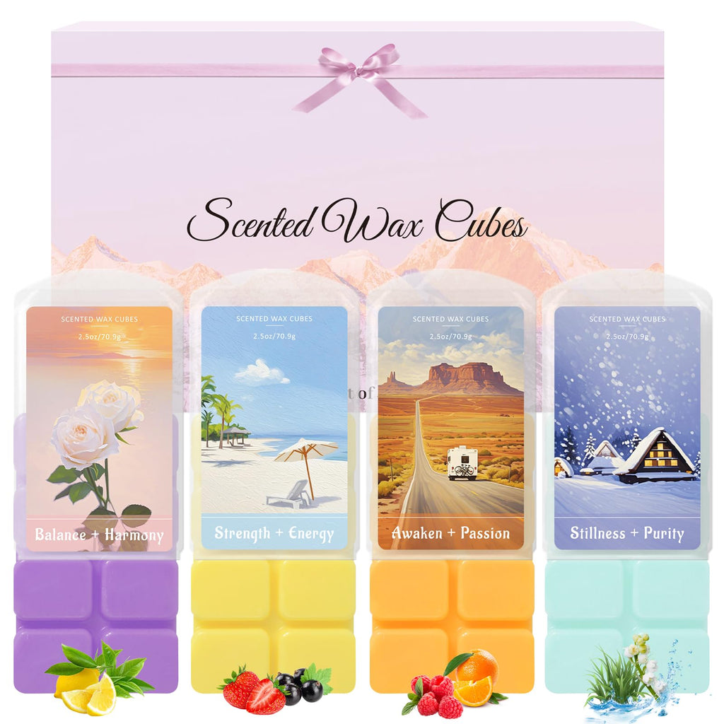 SCENTORINI Wax Melts, Wax Cubes Strong Scent for Healing Relax, Scented Wax Melts for Warmer - Lemon Green Tea/Strawberry Blackcurrant/Raspberry Orange/Ocean Grass Bellflower, 2.5 oz 4-Pack