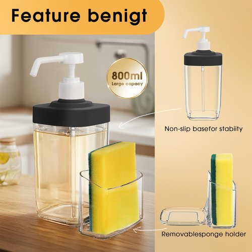 Kitchen Soap Dispenser with Sponge Holder, 800ml Large Capacity Dish Soap Dispenser Caddy, Shatterproof & Rustproof Sink Organizer with Extended Tube, Removable Caddy - Free Funnel Included-Wood Grain