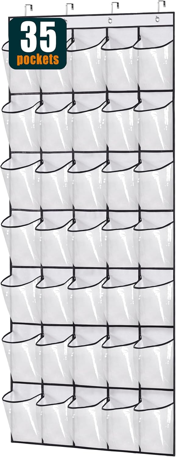 MISSLO Over The Door Shoe Organizer - 35 Clear Large Pockets, Sturdy Oxford Fabric, White