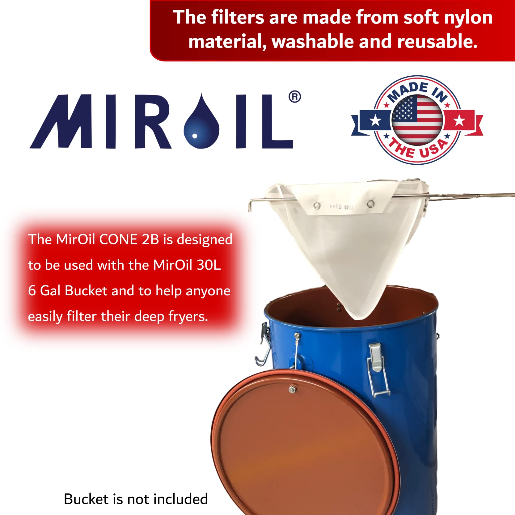MirOil CONE2B Fryer Filter Bag & Frame Combo Set – Durable Reusable Strainer Bag and Metal Support Frame for Commercial Kitchen Use - Compatible with MirOil Blue Oil Caddy - Model #30L