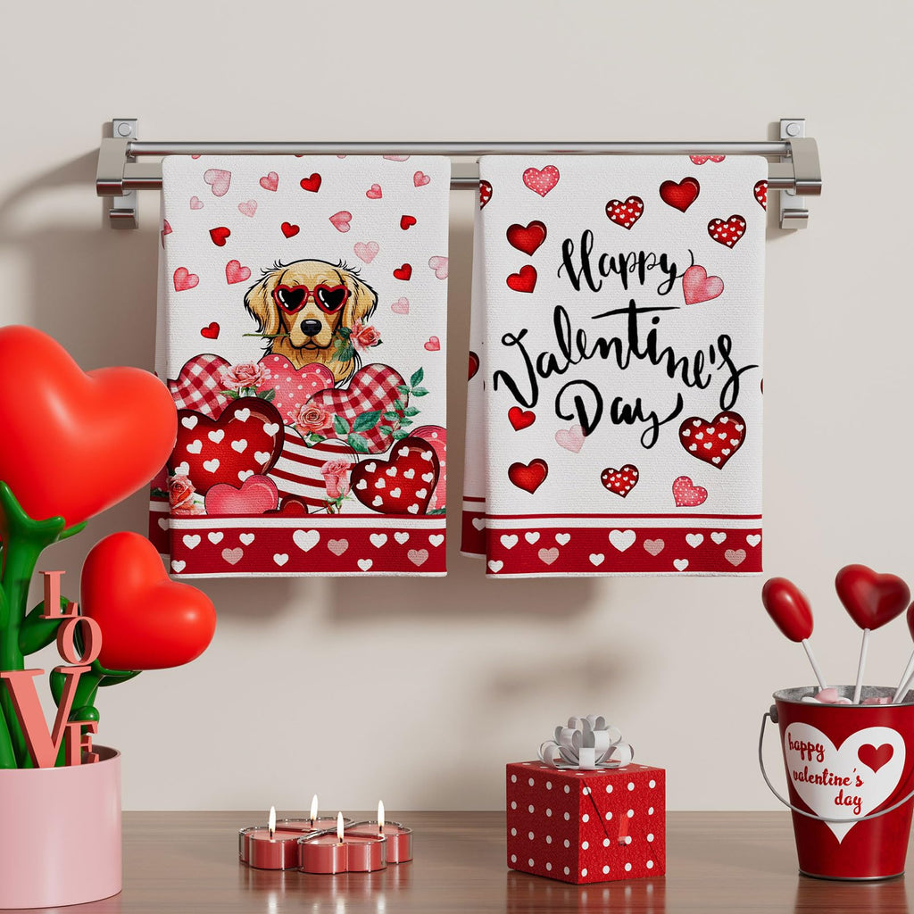 XCHI Happy Valentine's Day Love Hearts Dog Kitchen Towels Dish Towels 18x26 Inch Home Kitchen Decorations Hand Towels Set of 2 Drying Dishcloth