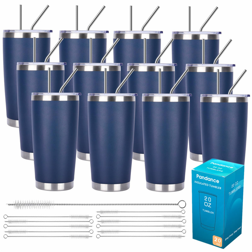 Pandance 20oz Stainless Steel Insulated Tumblers Bulk, Navy Blue, 12 Pack
