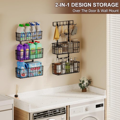 Hongtamoya Adjustable Over The Door Organizer - Metal Hanging Storage with 5 Baskets & 7 Hooks | Black