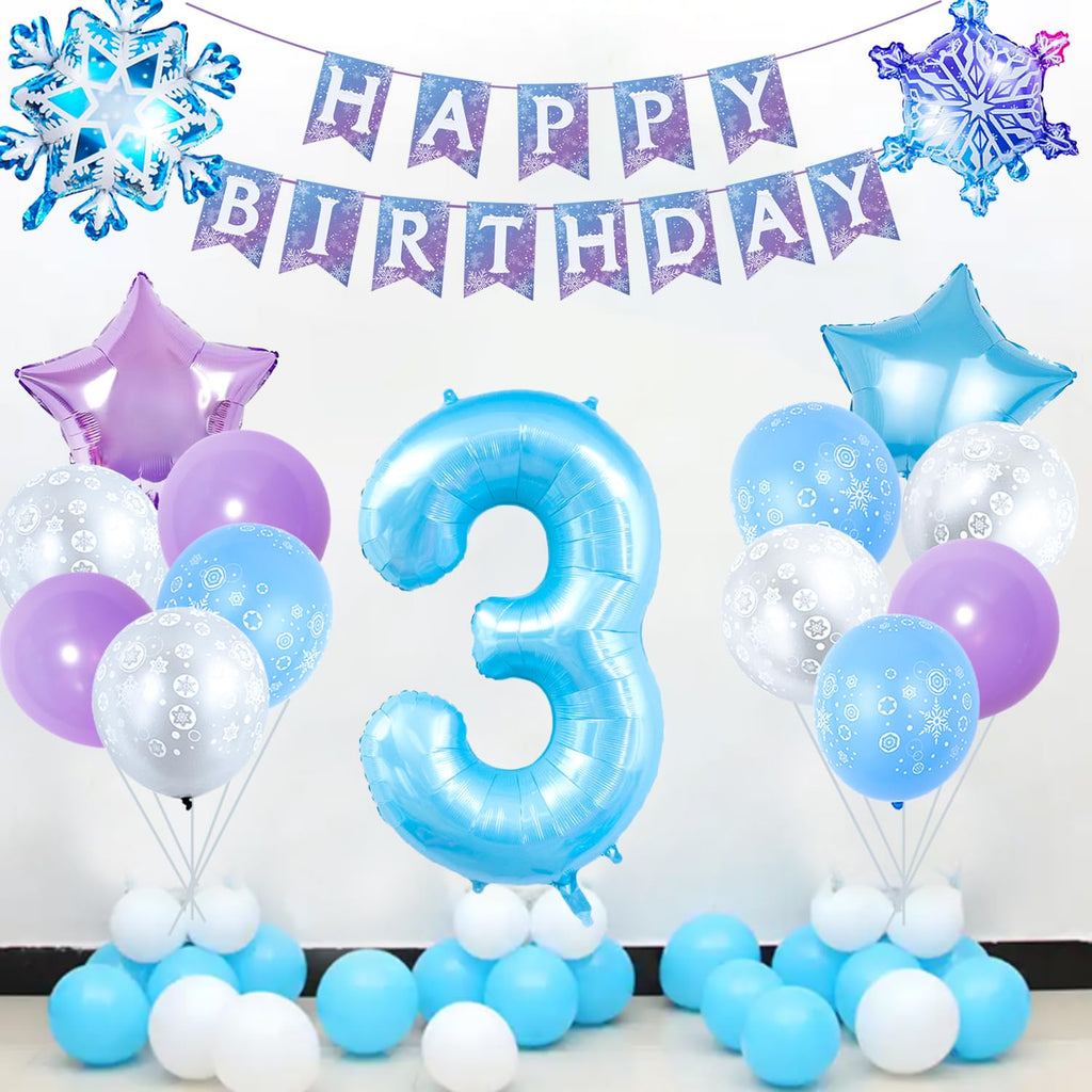 Frozen Birthday Party Decorations, with 40 Inch Blue Number 3 Balloon, Frozen Birthday Banner and Foil Snowflake Balloons for 3rd Party Decor Supplies