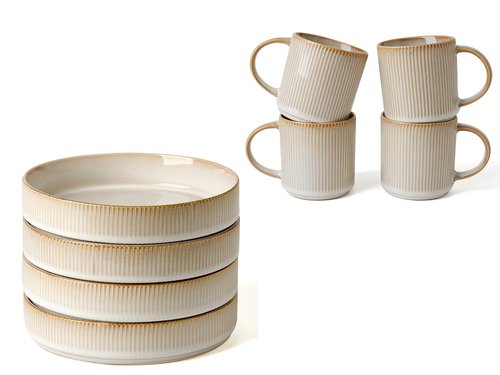 famiware 8.25" Paste Bowl Set (4 Piece) and Coffee Mug Set for 4 (12 oz) - Cappuccino White