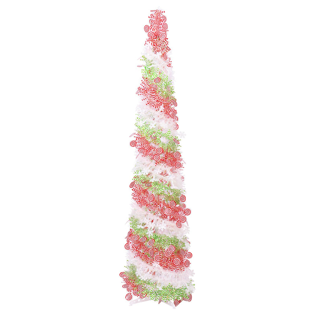5FT Artificial Pencil Christmas Tree, Red Green White Pop Up Small Christmas Tinsel Tree, for Home Holiday Porch Fireplace Xmas Indoor Party Decoration.