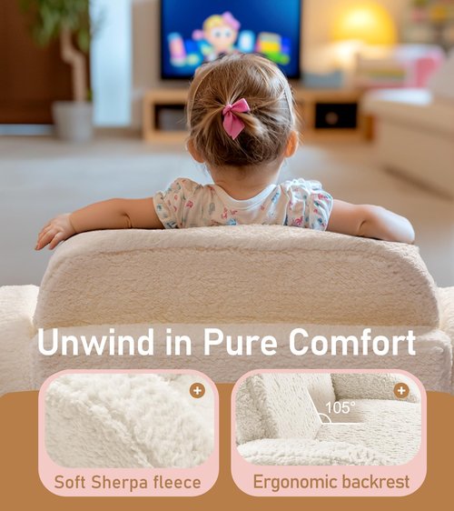 2-in-1 Sherpa Fold Out Kids Couch, Extra Wide Comfy Toddler Chair, Convertible Kids Sofa to Lounger, Foldable Toddler Couch with High Density Foam, Modern Kids Sofa Bed for Boys & Girls 3+, Beige