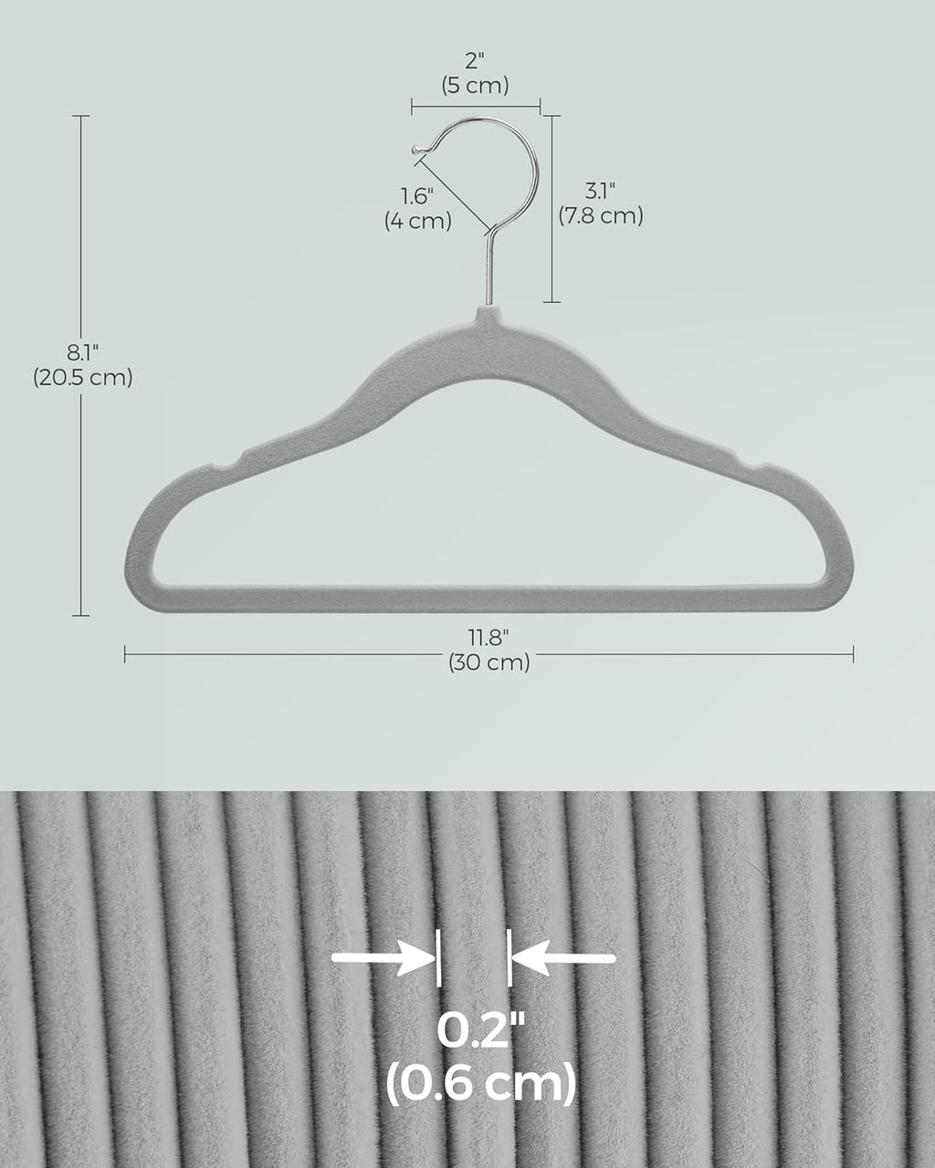 SONGMICS Velvet Baby Kids Hangers - Space-Saving 50 Pack with 360° Swivel Hooks | Dove Gray, 11.8 x 8.1 Inches
