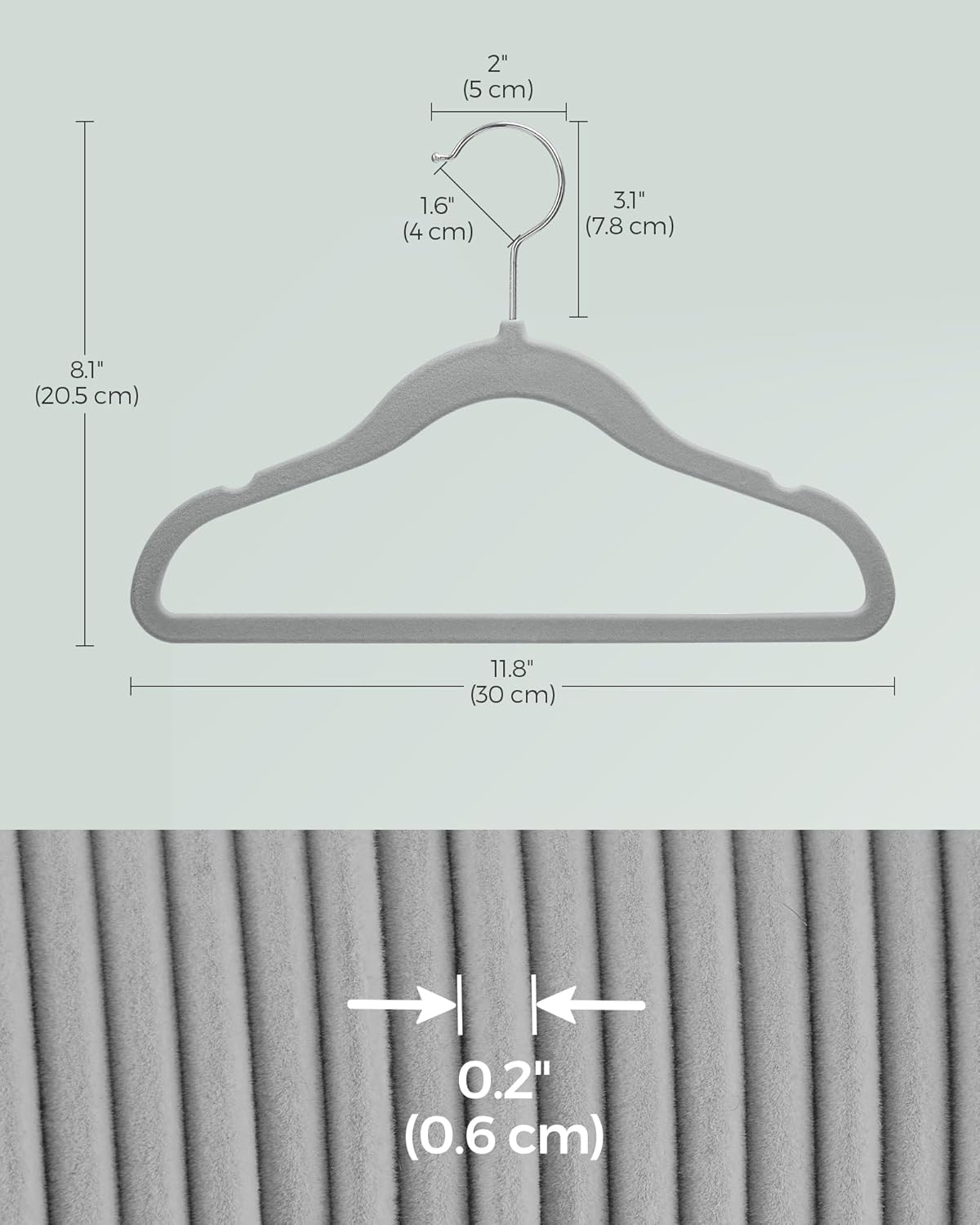 SONGMICS Velvet Baby Kids Hangers - Space-Saving 50 Pack with 360° Swivel Hooks | Dove Gray, 11.8 x 8.1 Inches