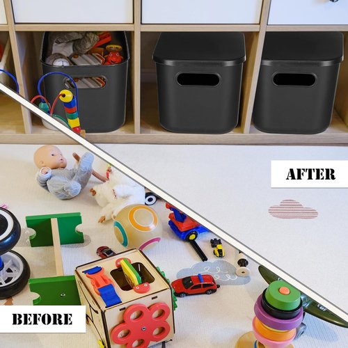Hoolerry Colorful Storage Bins - 8 Piece Stackable Plastic Organizing Containers with Lids | Black, 9.8 x 7.1 x 6.3 Inch