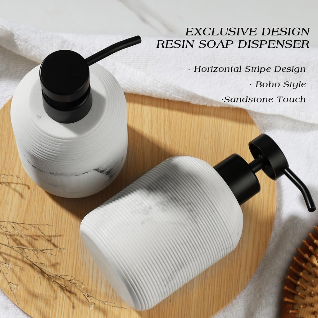 VIMERPA Marble Hand Soap Dispenser for Bathroom, 12 Fl Oz Soap and Lotion Dispenser Set, 2 Pack White Resin Dish Soap Dispensers for Kitchen, Refillable Liquid Bottle Container with Plastic Pump