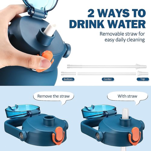 Kytffu 64oz Glass Water Bottle - Motivational Half Gallon Jug with Straw & Silicone Sleeve | Leakproof, Blue