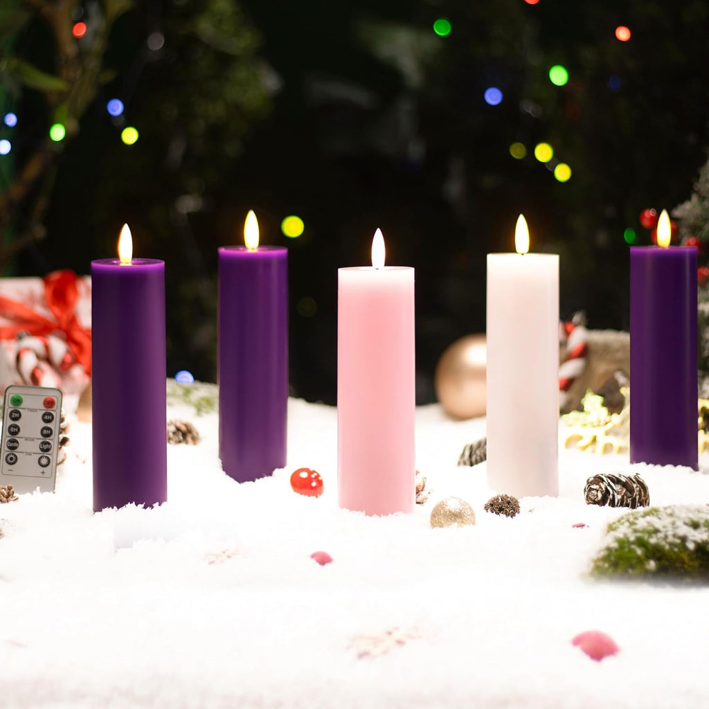 Stmarry Advent Candles Set - Battery Operated Flameless Pillar Candles with Remote & Timer | 2x7 Pink & Purple