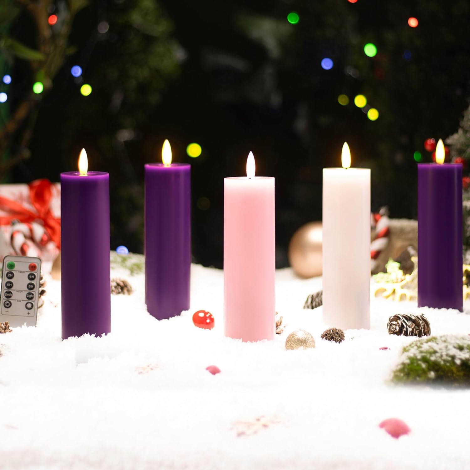 Stmarry Advent Candles Set - Battery Operated Flameless Pillar Candles with Remote & Timer | 2x7 Pink & Purple