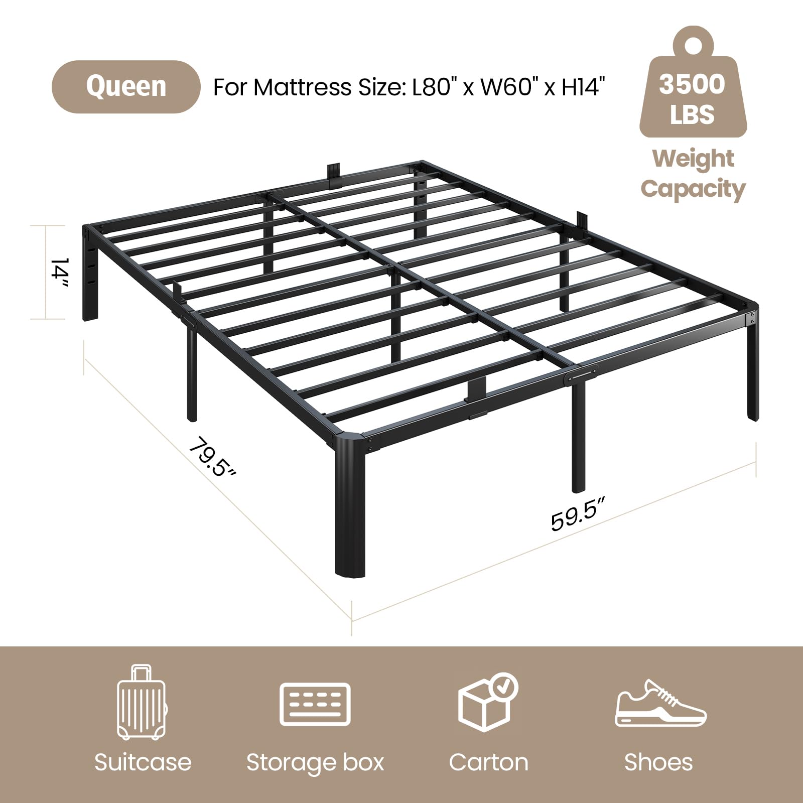 Metal Bed Frame Queen Size, 14 Inch 3500 lbs Heavy Duty Platform Bed Frames Steel Slats Noise Free No Box Spring Needed, Easy Assemble Sturdy Bedframe with Storage and Mattress Retainers