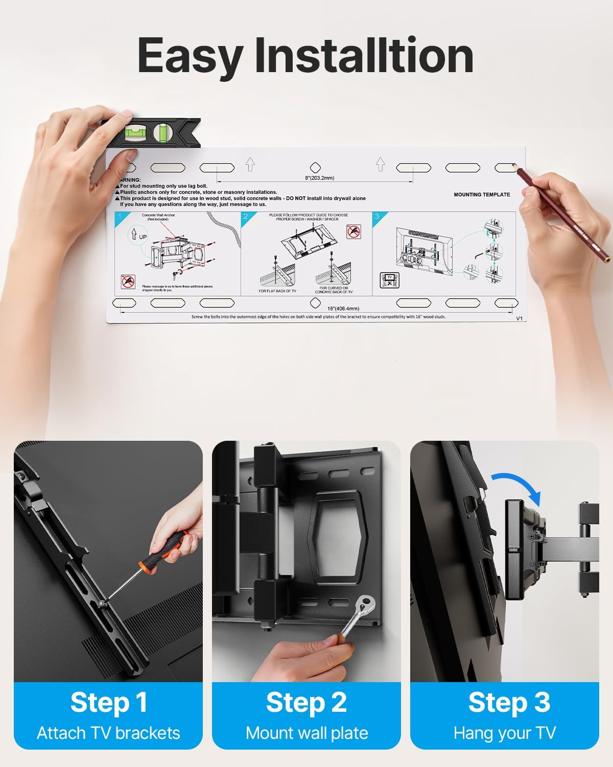 USX STAR Full Motion TV Wall Mount - Swivel & Tilt for 37-85 Inch TVs, Max VESA 600x400mm, 132lbs Capacity