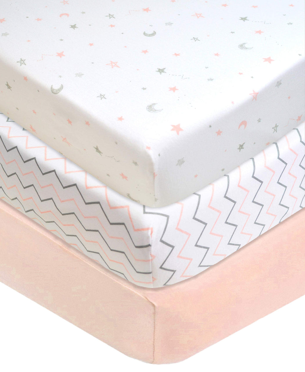 American Baby Company 3 Pack 100% Natural Cotton Fitted Pack and Play Sheets 39" x 27" - Soft & Breathable Pack N Play Sheets for Playard & Mini Crib Mattress, Pink Star/Zigzag, for Boys & Girls