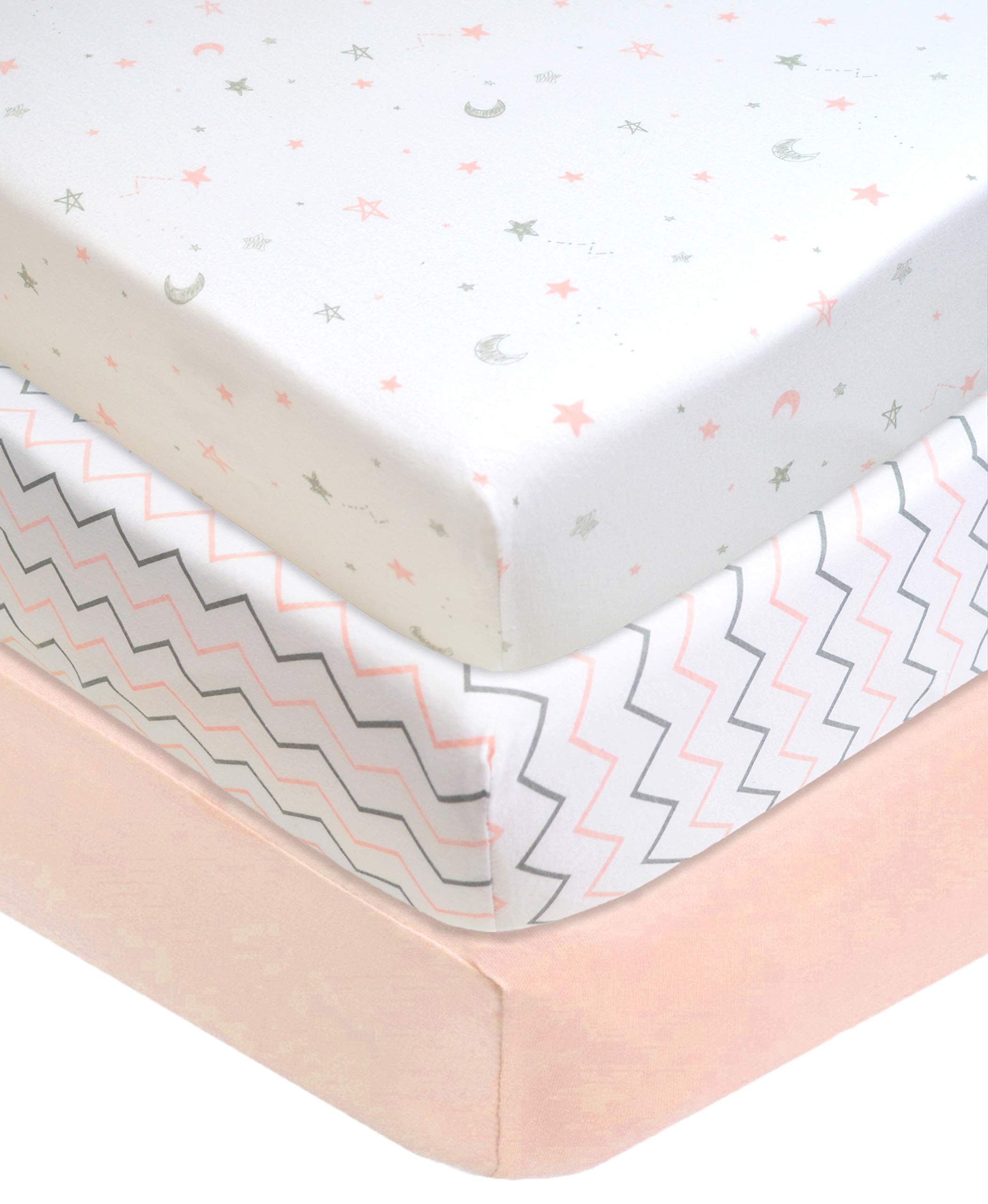 American Baby Company 3 Pack 100% Natural Cotton Fitted Pack and Play Sheets 39" x 27" - Soft & Breathable Pack N Play Sheets for Playard & Mini Crib Mattress, Pink Star/Zigzag, for Boys & Girls