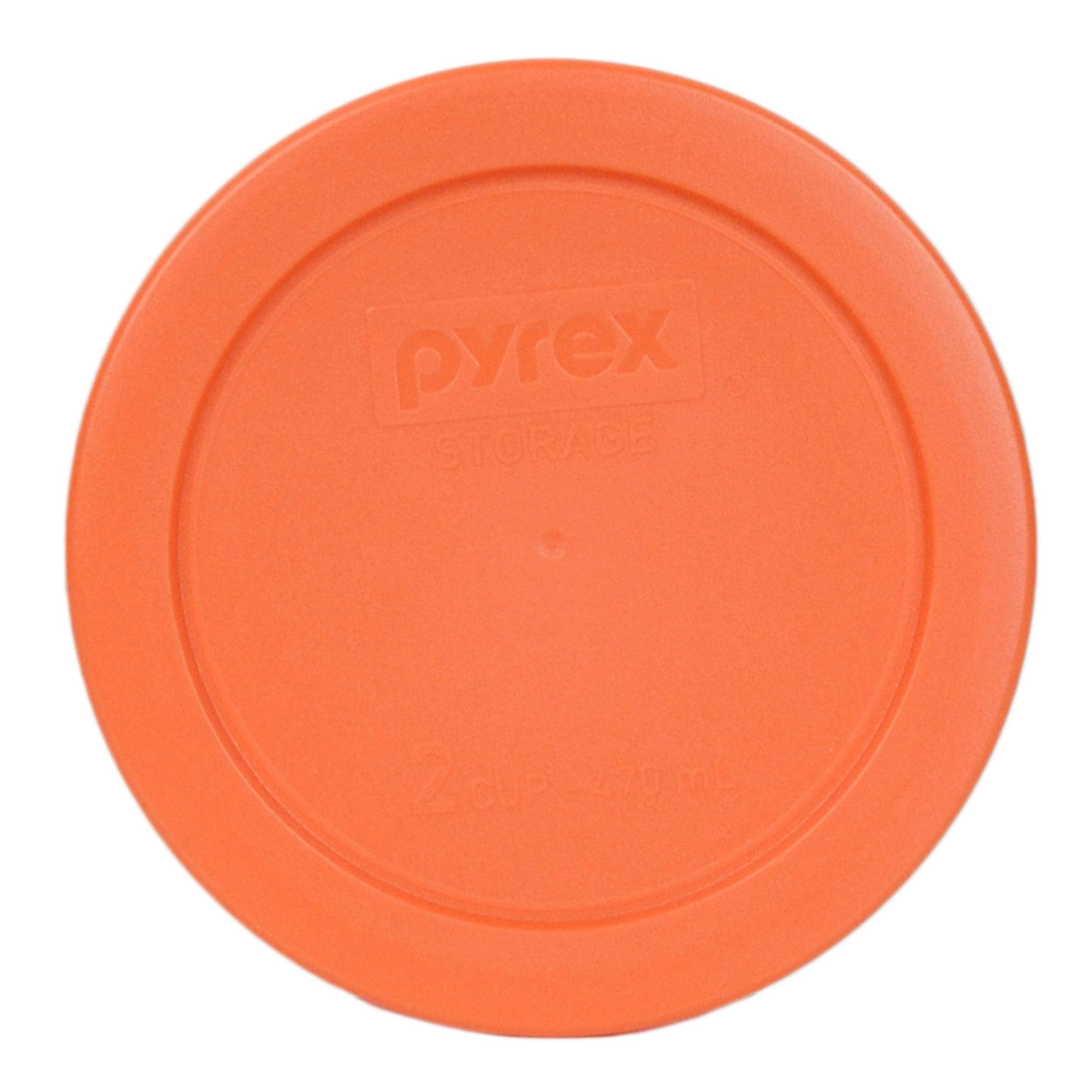 Pyrex (1) 7402-PC 6/7-Cup Red, (2) 7210-PC 3-Cup Light Green, (1) 7201-PC 4-Cup Blue, and (2) 7200-PC 2-Cup Orange Food Storage Lids - Made in USA
