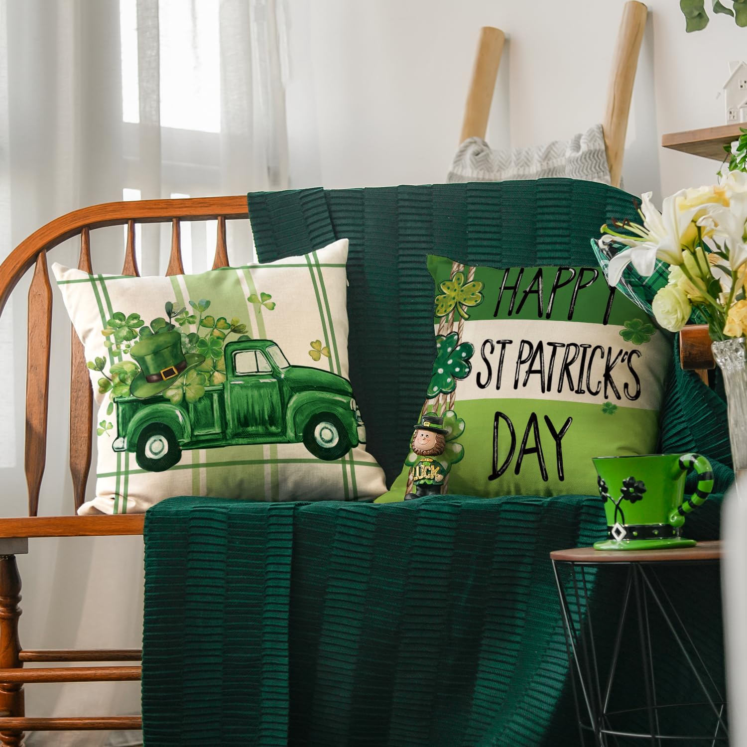 AVOIN colorlife Happy St Patricks Day Clovers Vases Throw Pillow Covers, 18 x 18 Inch Lucky and Blessed Shamrock Truck Decoration for Sofa Couch Set of 4